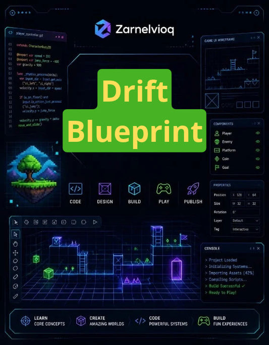 Promotional graphic for a digital coding course or blueprint titled 'Drift Blueprint' by Zarnelvioq, featuring a dark futuristic UI design with code panels, a 3D voxel world map, and a green title banner.