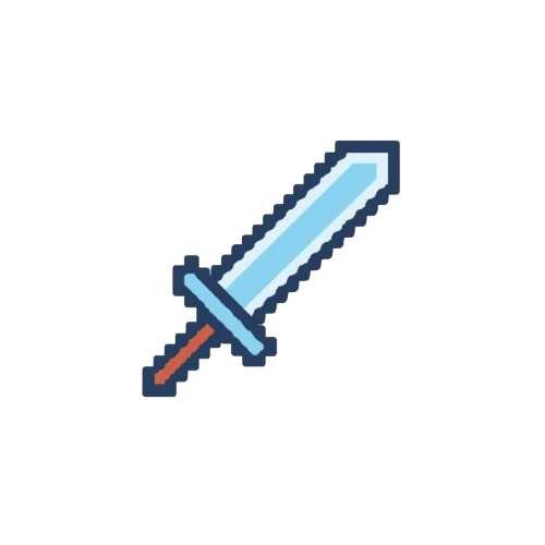 A pixel-art illustration of a sword with a light blue blade, dark blue outline, and a brown hilt on a plain white background.