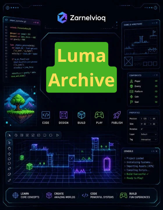 Promotional graphic for 'Luma Archive' by Zarnelvioq, featuring a dark futuristic interface with glowing green and purple panels, code blocks, a 3D voxel scene, and a large central green badge reading 'Luma Archive'.