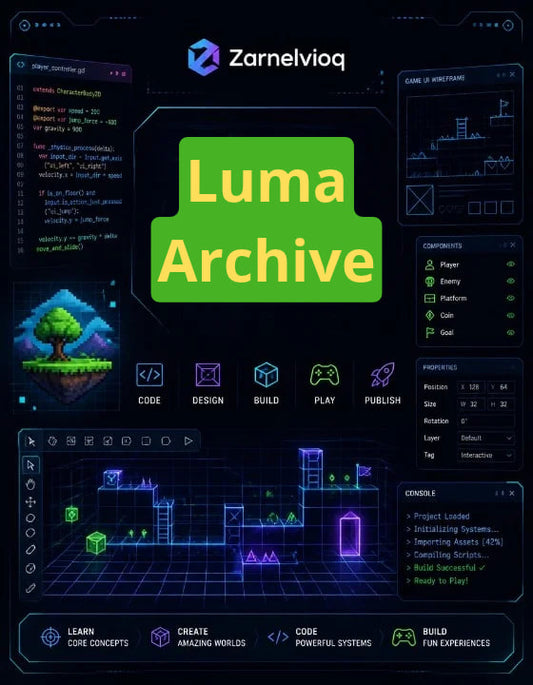 Promotional graphic for 'Luma Archive' by Zarnelvioq, featuring a dark futuristic interface with glowing green and purple panels, code blocks, a 3D voxel scene, and a large central green badge reading 'Luma Archive'.