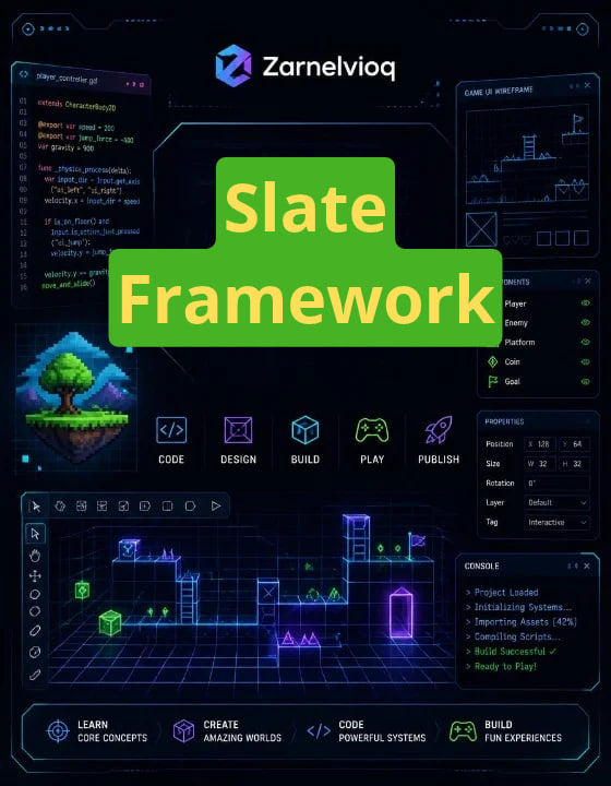 Promotional graphic for 'Slate Framework' by Zarnelvioq, featuring a dark futuristic software dashboard interface with a large green title banner in the center.