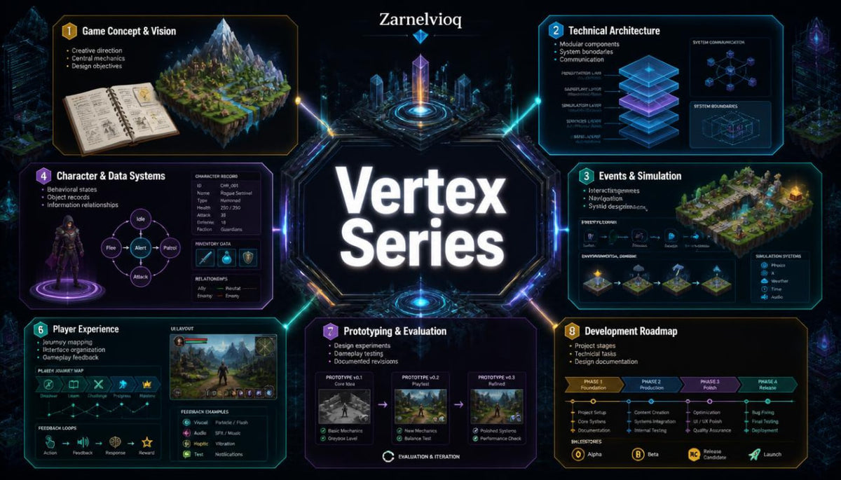 A dark promotional infographic for the game development title Vertex Series, branded Zarnelvioq. The layout features multiple glowing panels arranged around a central title, detailing aspects such as game concept and vision, technical architecture, character and data systems, events and simulation, player experience, prototyping and evaluation, and development roadmap.